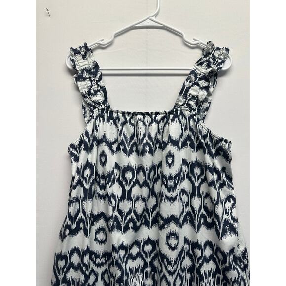 Brochu Walker Navy Ikat Print Cotton Midi Dress Large Sleeveless Ruffle Strap - Picture 5 of 12